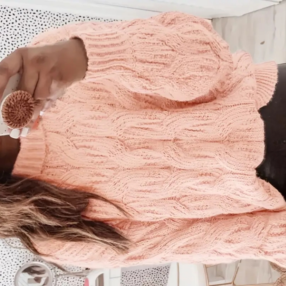 Solid mock neck cable knit long sleeve loose sweater